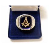 Sterling silver blue Masonic ring, size 10