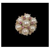 18K Yellow gold mid century pearl and ruby cluster