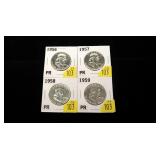 4- Proof Franklin half dollars: 1956, 1957, 1958