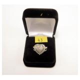 Sterling silver diamond pave heart shaped ring