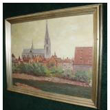 23.5" x 31" oil on board, European church and town