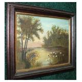 9.5" x 12" oil on board, lakeshore scene, unsigned