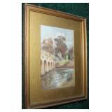 6.5" x 4.5" pastel of a stone bridge, unsigned