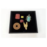 Lot, 5 pendants: 2 carved stone pendants, 2 red