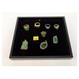 Lot, 5 rings with green stone, 3 pendants with