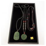 Lot, beaded necklaces, 2 with green pendants