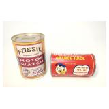 Lot, ad cans: Donald Duck orange juice, Fossil