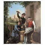 16" 14.5" Oil on board, three men drinking,