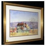 14" x 19" Watercolor, farmhouse and barn scene,