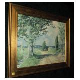 14" x 25" Oil on board, country road scene, signed
