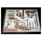 Lot, pocket knives, erasers, pencils, buttons and