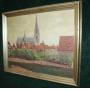 23.5" x 31" oil on board, European church and town