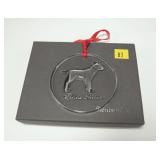 Steuben stamped Lab ornament No. 1804, with bag