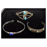 3- Sterling, turquoise and stone cuff bracelets