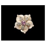 14K White gold pink stone carved flower ring with
