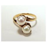14K Yellow gold vintage double pearl ring