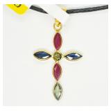 18K Yellow gold ruby and sapphire cross pendant