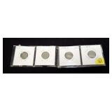 4- U.S. nickel 3-cent pieces: 1865, 1866, 2- 1869
