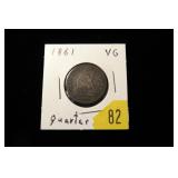 1861 Seated quarter dollar, V.G.