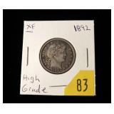 1892 Barber quarter dollar, EF, high grade
