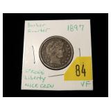 1897 Barber quarter dollar, V.F.