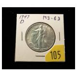 1947-D Walking Liberty half dollar, MS-63