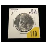 1949-S Franklin half dollar, gem BU, MS-65