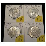 4-Extra Fine Franklin half dollars 1948-D, 1950-D,