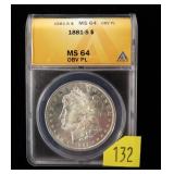 1881-S Morgan dollar, ANACS slab certified: MS-64
