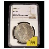 1886 Morgan dollar, NGC slab certified: MS-63