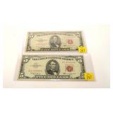 2- $5 United States red seal notes, series of 1953