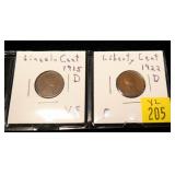 2- Lincoln cents: 1915-D, 1922-D, semi-key dates