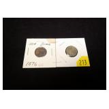 1866 U.S. 3-cent nickel and 1876-CC dime