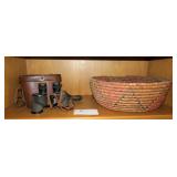 Lot, 16" antique basket and 6x30 binoculars