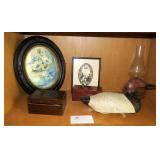 Lot , antique decoy, frames, oil lamp
