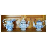 Lot - 3 blue and white transfer ware pitchers