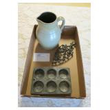 Lot, advertising tin, trivet, and pitcher