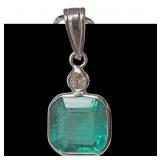 14K White gold bezel set emerald pendant,