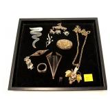 Lot, sterling silver necklace, ring and seven pins
