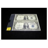 2- $1 Silver certificates, series of 1935, AU,