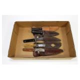 Lot, 5 used unmarked knives with sheaths