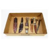 Lot, 6 uses stag handled knives, 5 with sheaths