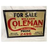 EARLY SST EMB. WILLIAM COLEMAN SIGN 27X19