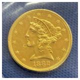 1882 $5 1/10 OZ GOLD LIBERTY HEAD
