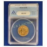 1914 S $5 AU53 GOLD INDIAN HEAD