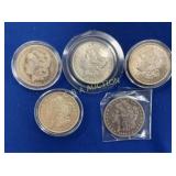 (5) MORGAN SILVER DOLLARS 1884,1887 O,1921,1883