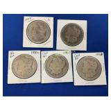 (5) MORGANS 1885,1890 O,1890 SILVER DOLLARS