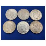 (6) PEACE SILVER DOLLARS 1922, 1923, 1925
