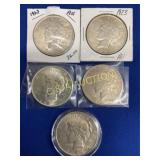 (5) PEACE SILVER DOLLARS 1922 AND 1923