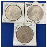 (3) MORGANS 1885,1886,1884 O, SILVER DOLLARS